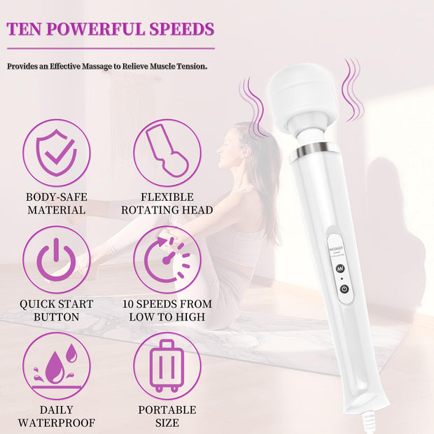VZVJTR Wired Handheld Massager, Personal Foot Deep Tissue, Back Massager with 10 Speed Settings Strong Vibration for Women, Powerful Whole Body Massage Tool for Muscle, Back, Foot, Neck (White)